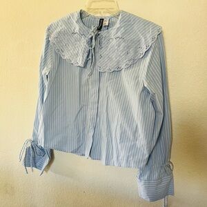 H&M Light Blue & White Striped Eyelet Tie-Neck Blouse